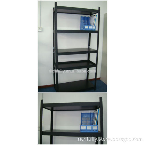 Top quality matte black iron slotted angle shelving rack , light duty boltless rivet shelf rack